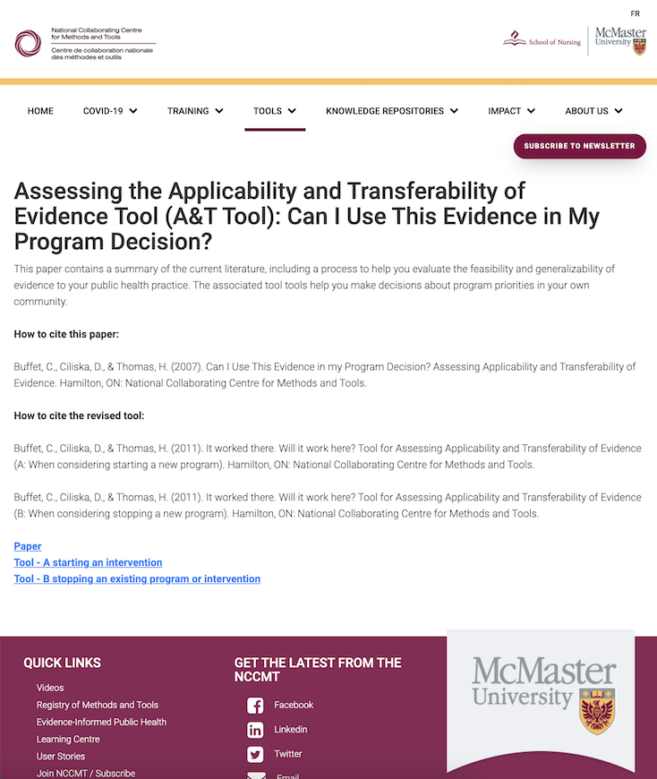 Applicability and Transferability of Evidence Tool (A&T Tool)