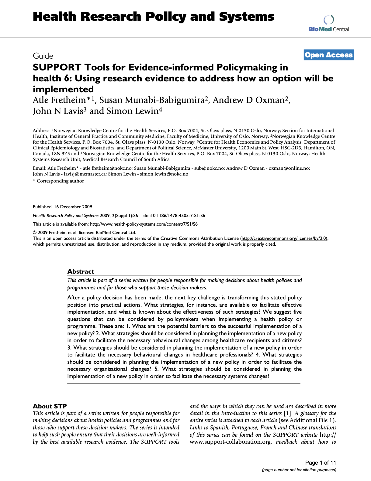 SUPPORT Tools for Evidence-Informed Policymaking in Health (STP) 6: Using Research Evidence to Address how an Option will be Implented