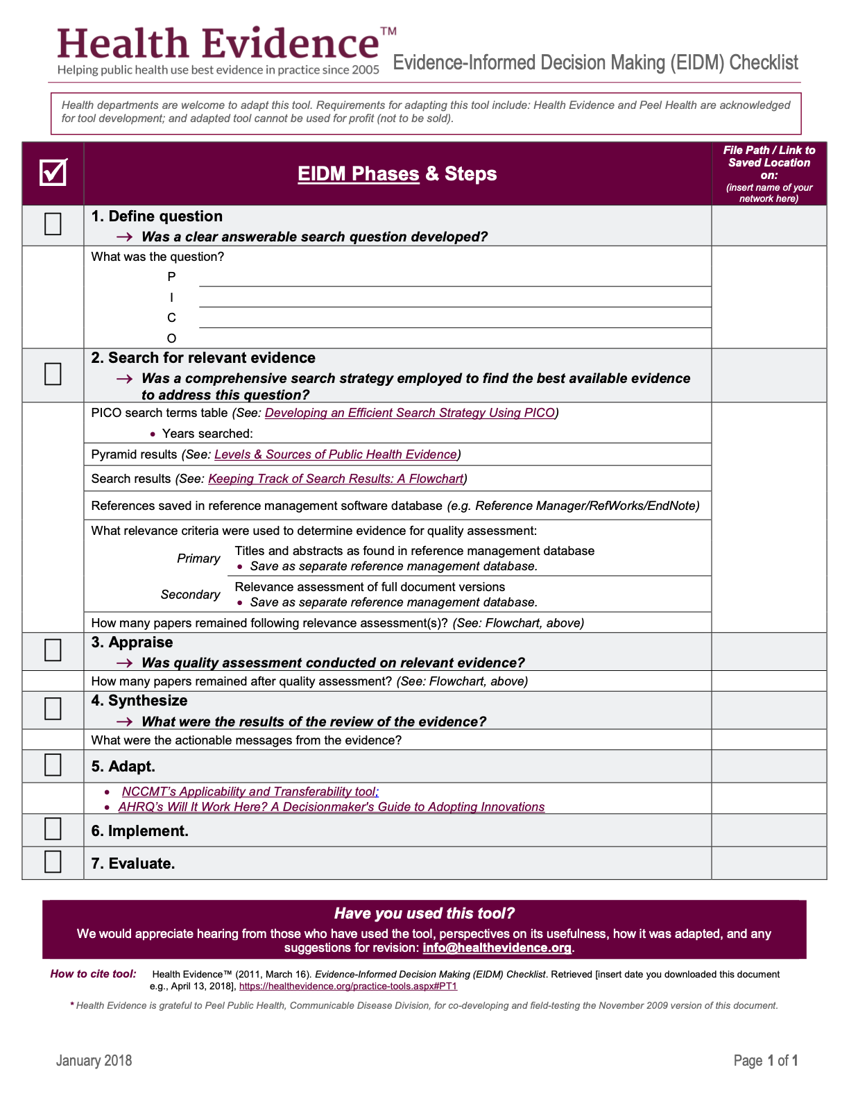 Evidence-Informed Decision Making (EIDM) Checklist