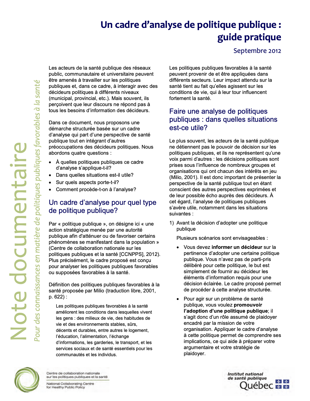 Un cadre d’analyse de politique publique : guide pratique