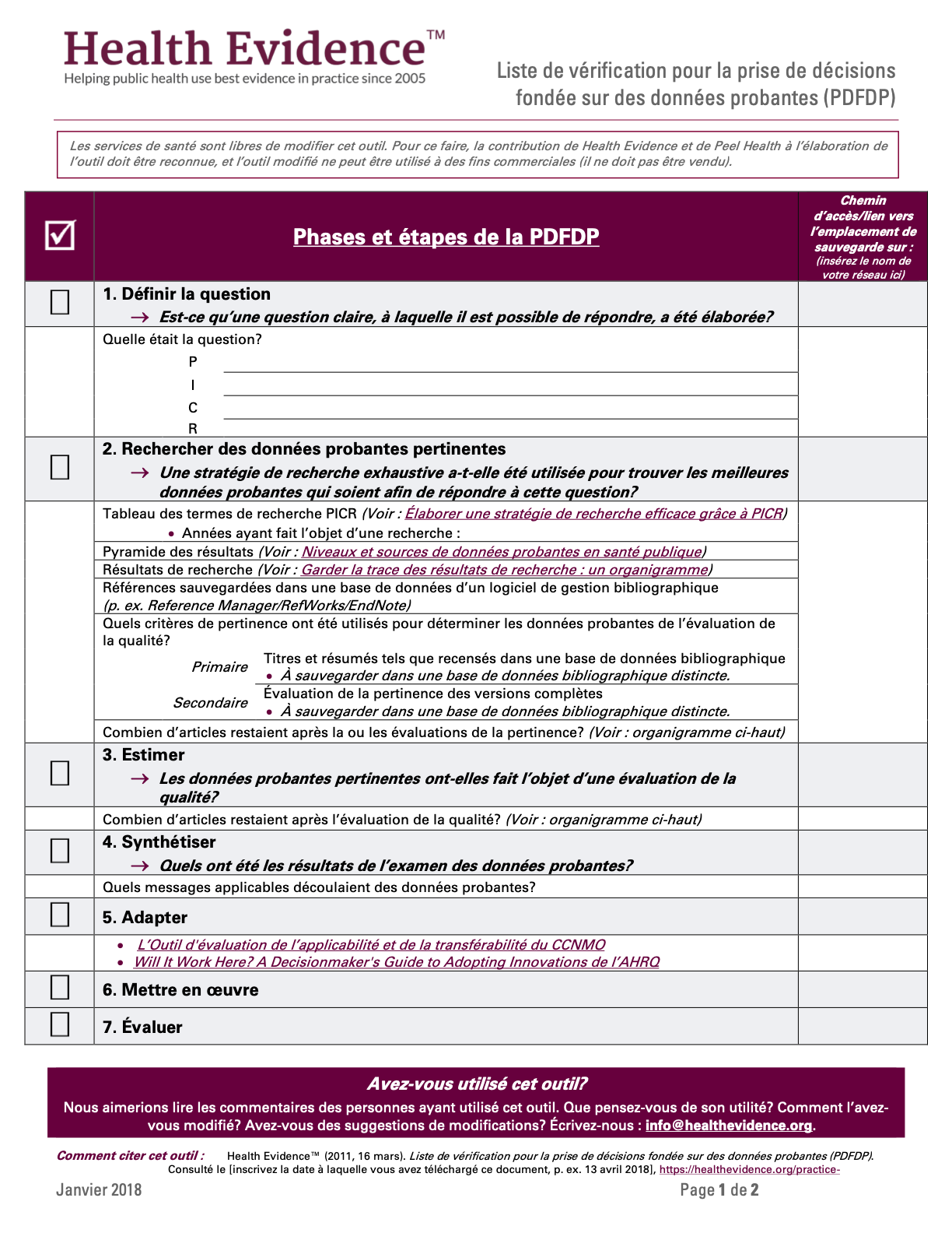 Liste de vérification de la prise de décision fondée sur les données probantes (PDFDP)