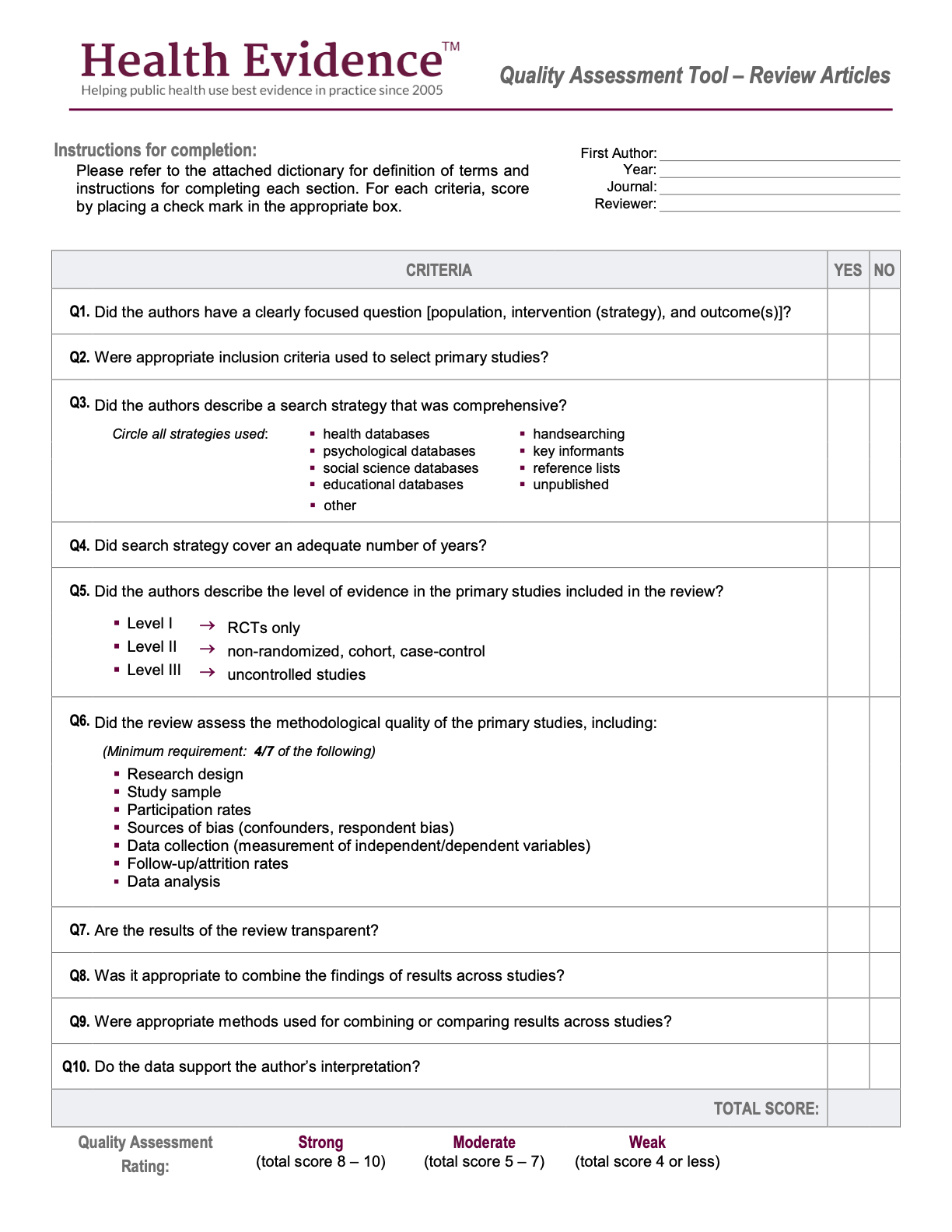 Health Evidence™ Quality Assessment Tool