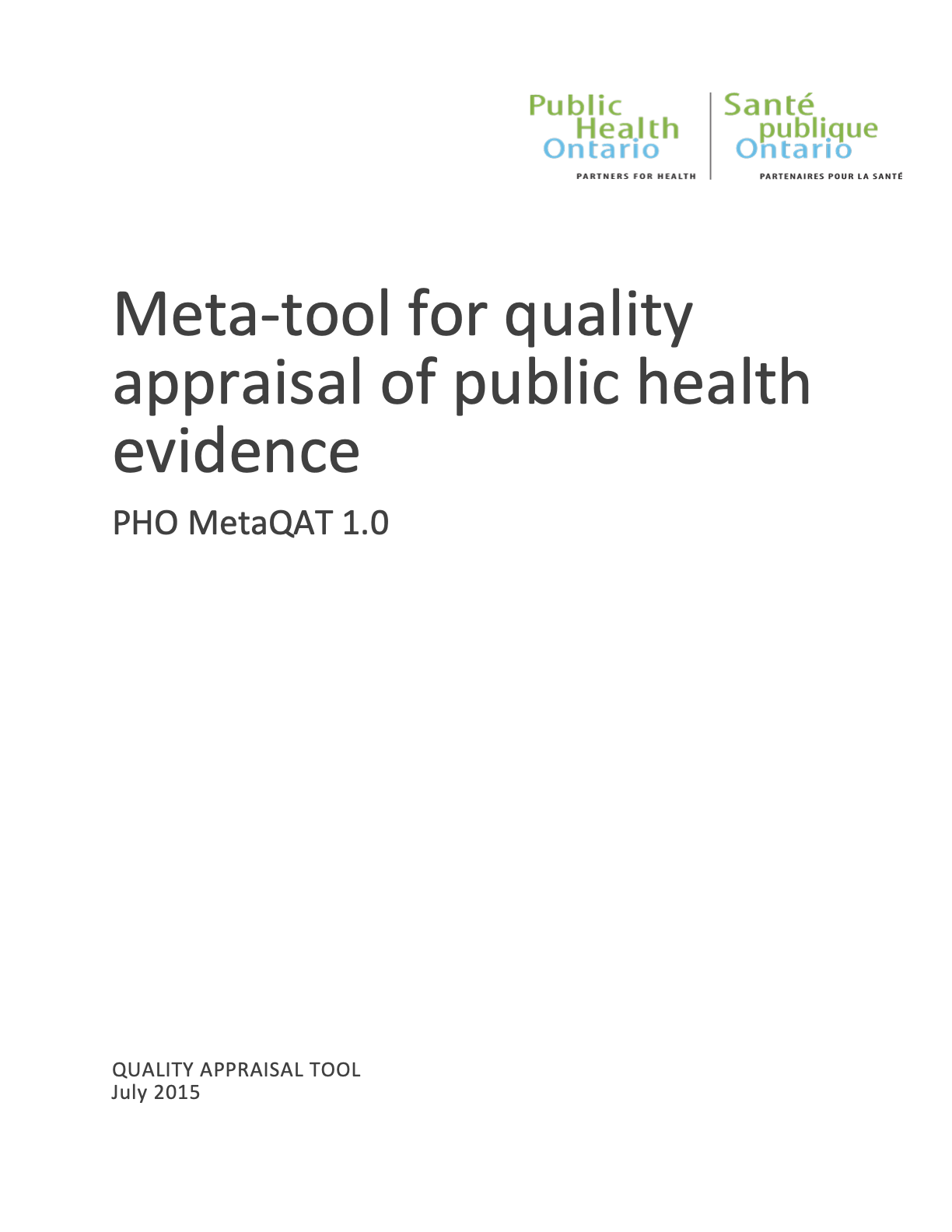 Meta-Tool for Quality Appraisal of Public Health Evidence: Public Health Ontario (PHO) MetaQAT 1.0