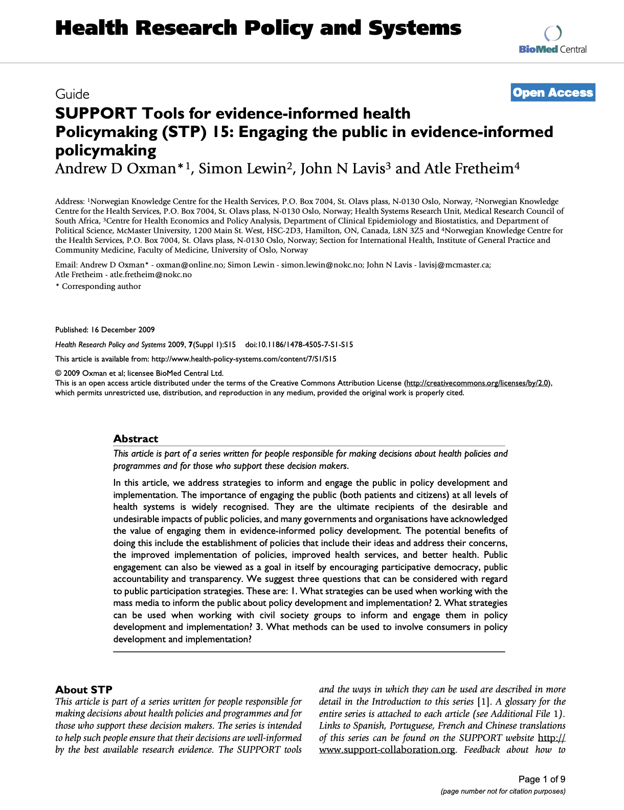 SUPPORT Tools for Evidence-Informed Health Policymaking (STP) 15: Engaging the Public in Evidence-Informed Policymaking