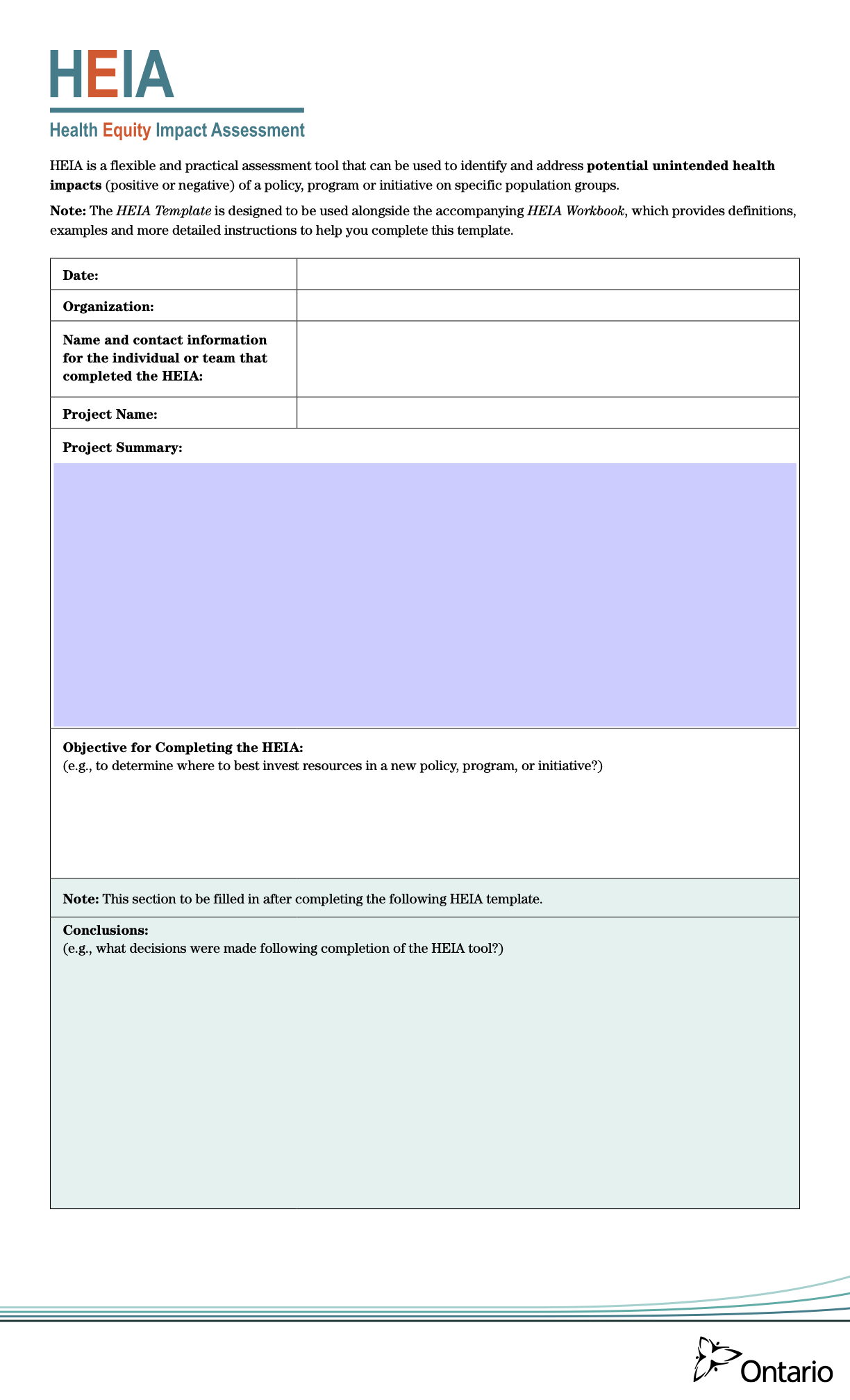 Ministry of Health (MOH) Health Equity Impact Assessment (HEIA) Tool