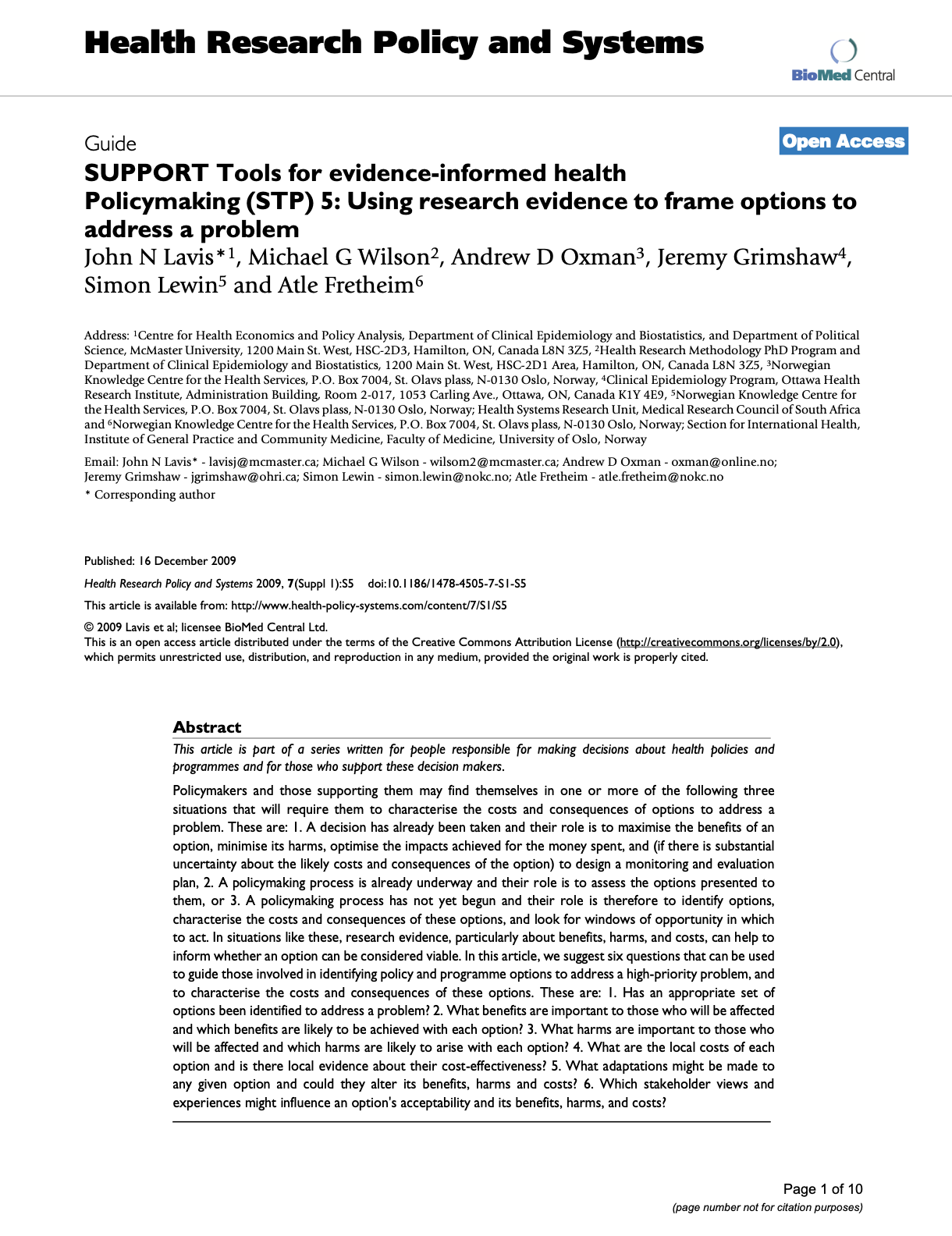 SUPPORT Tools for Evidence-Informed Health Policymaking (STP) 5: Using Research Evidence to Frame Options to Address a Problem