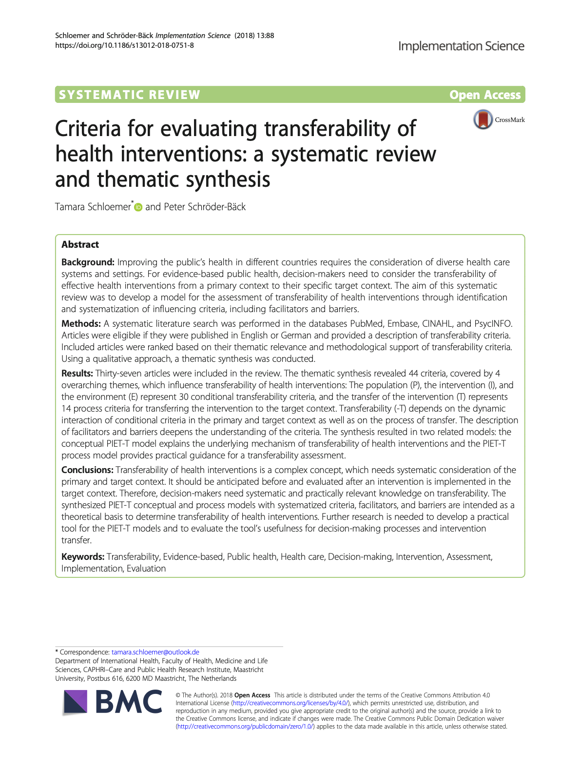 Criteria for evaluating transferability of health interventions