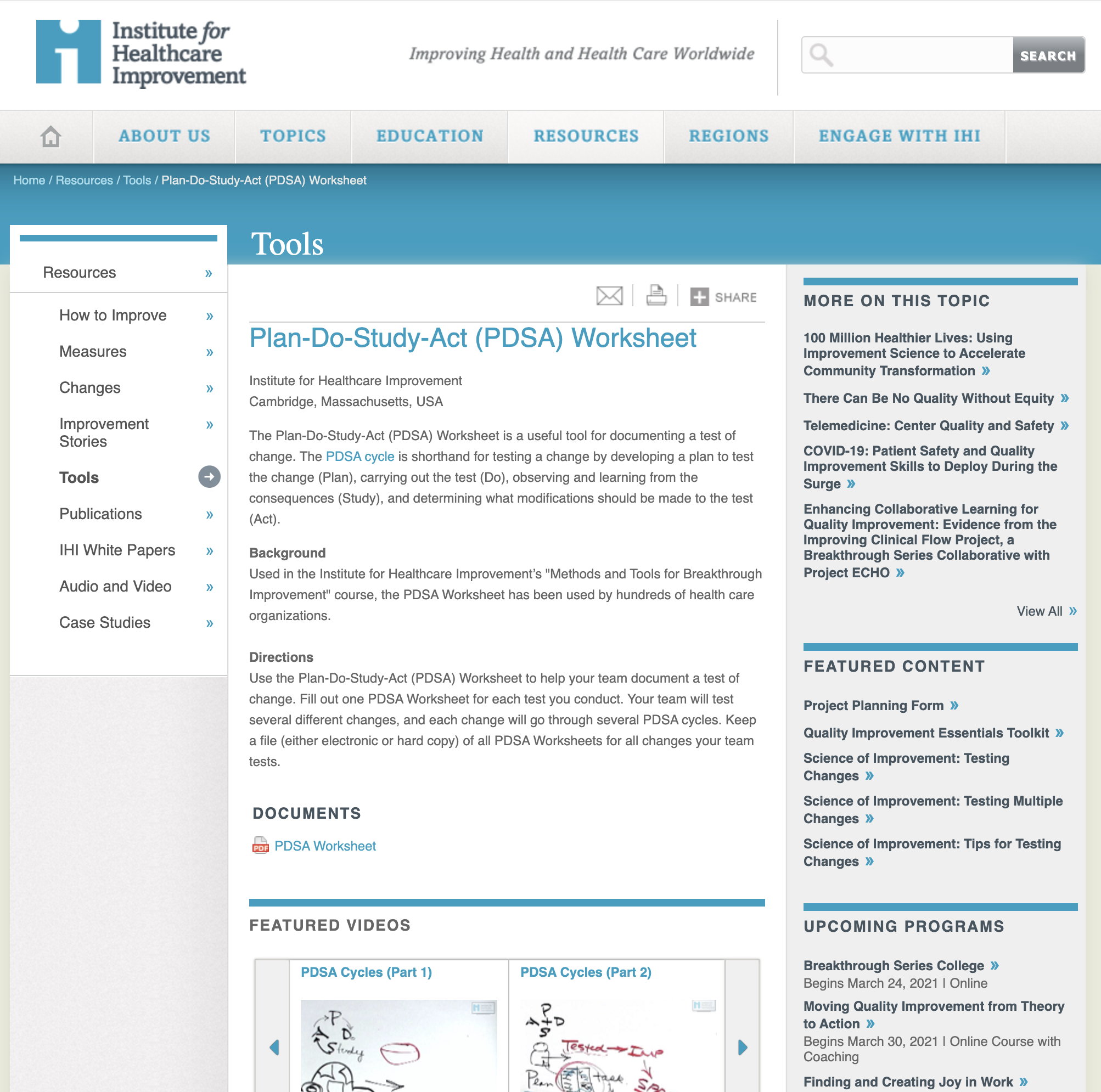 Quality Improvement (QI) Essentials Toolkit: Plan-Do-Study-Act (PDSA) Worksheet