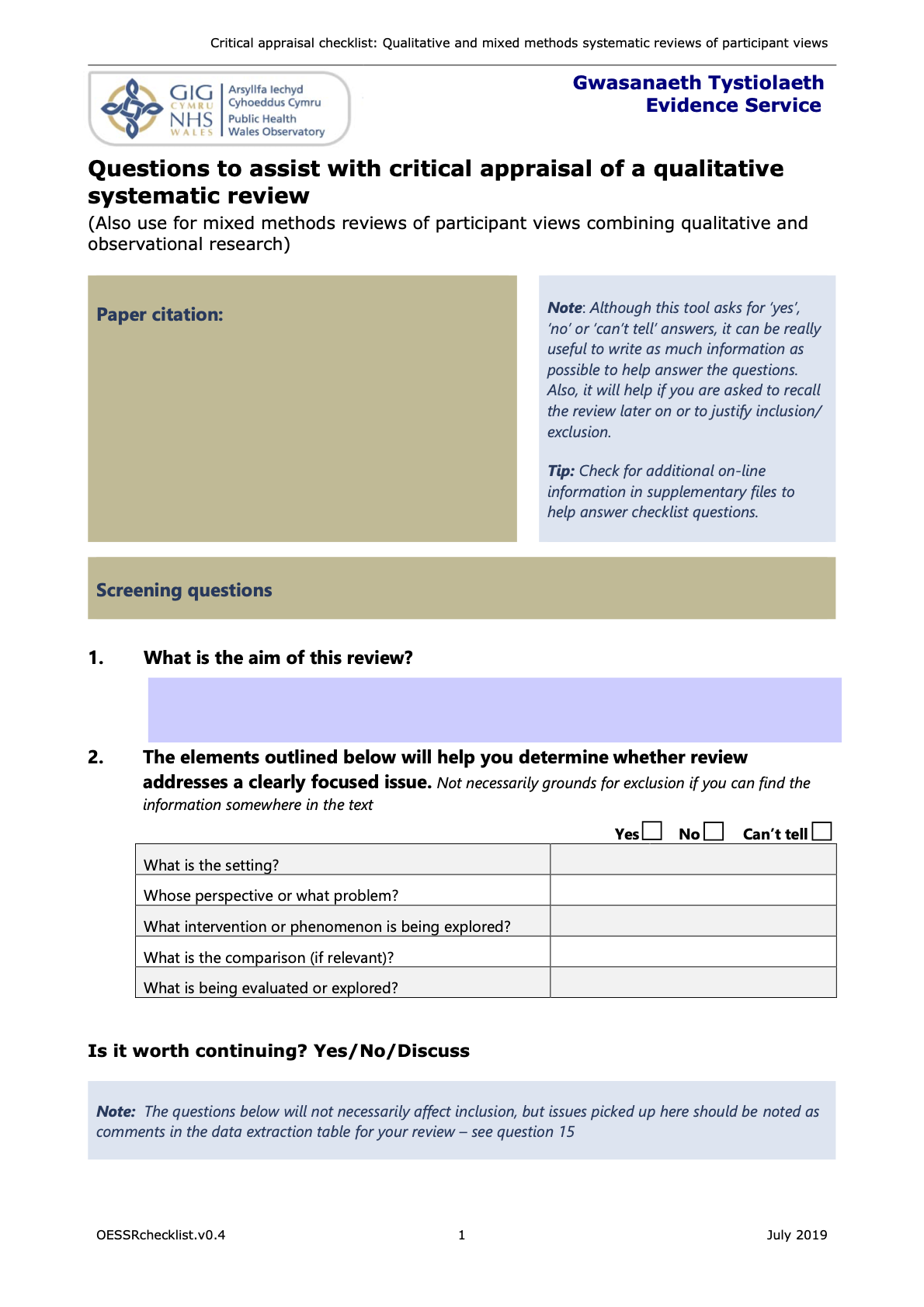Critical Appraisal Checklist qual and mixed methods priority list