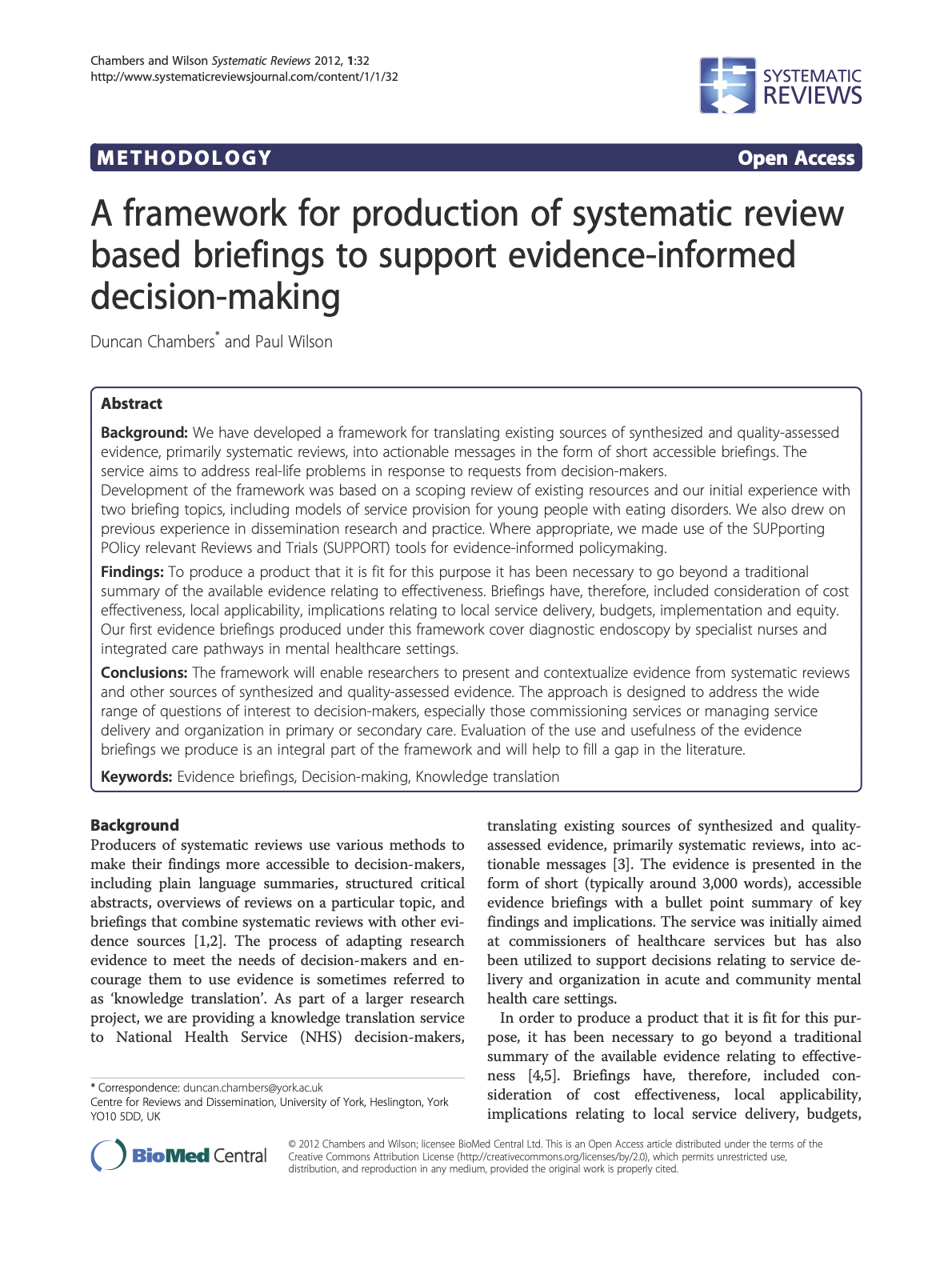 A Framework for Production of Systematic Review Based Briefings to Support Evidence-Informed Decision-Making