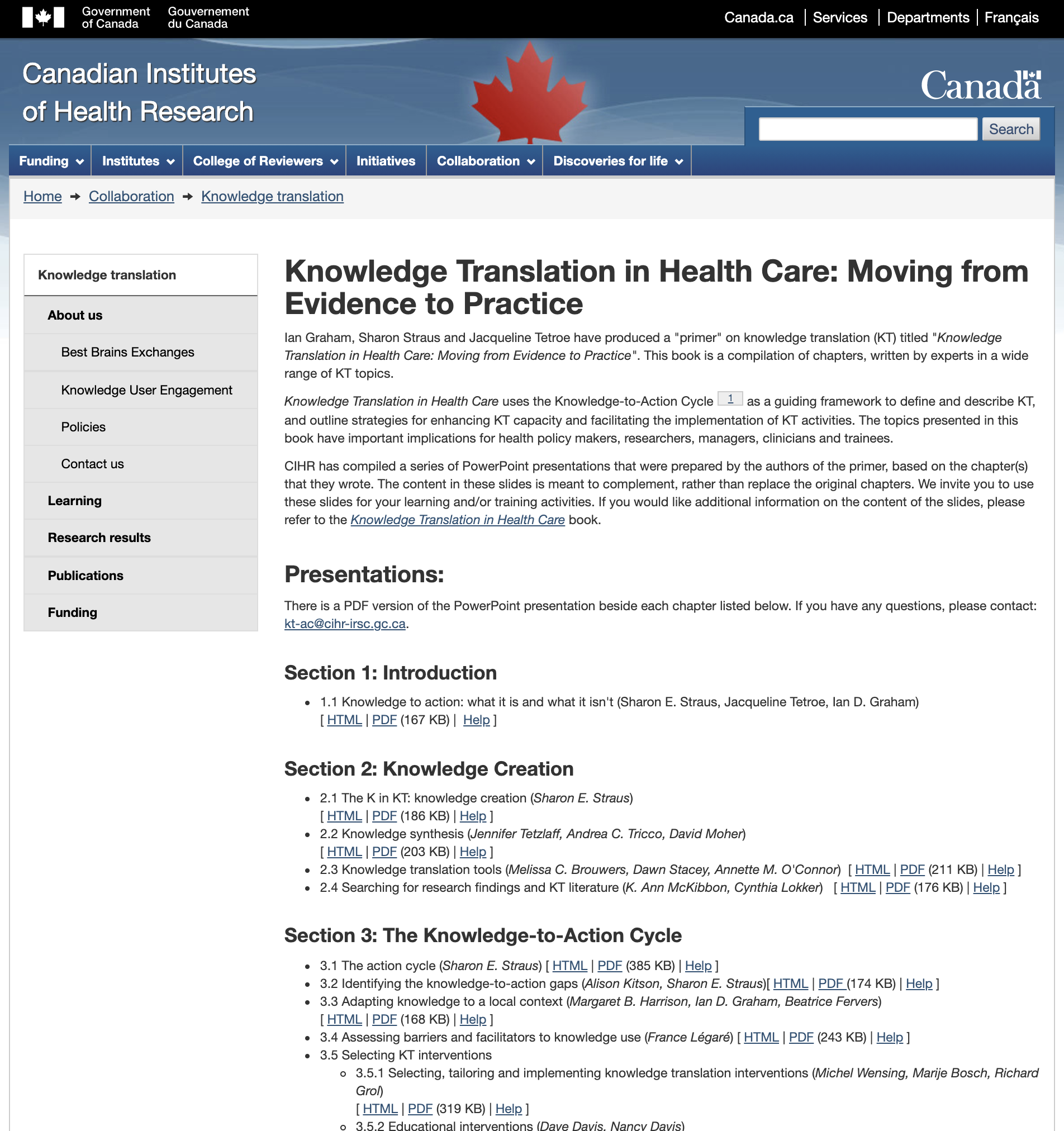 Knowledge Translation in Health Care: Moving from Evidence to Practice