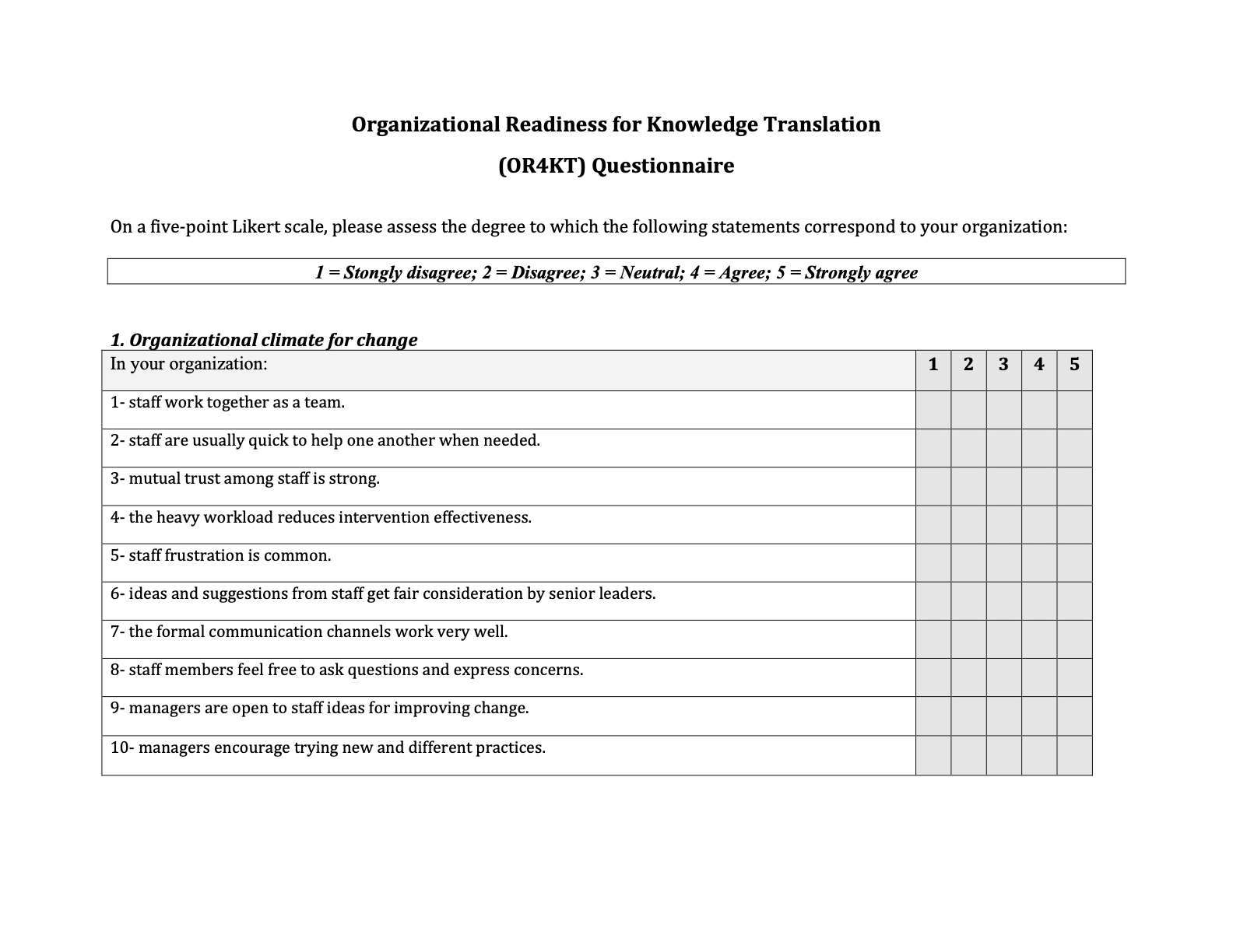 Organizational Readiness for Knowledge Translation (OR4KT) Tool