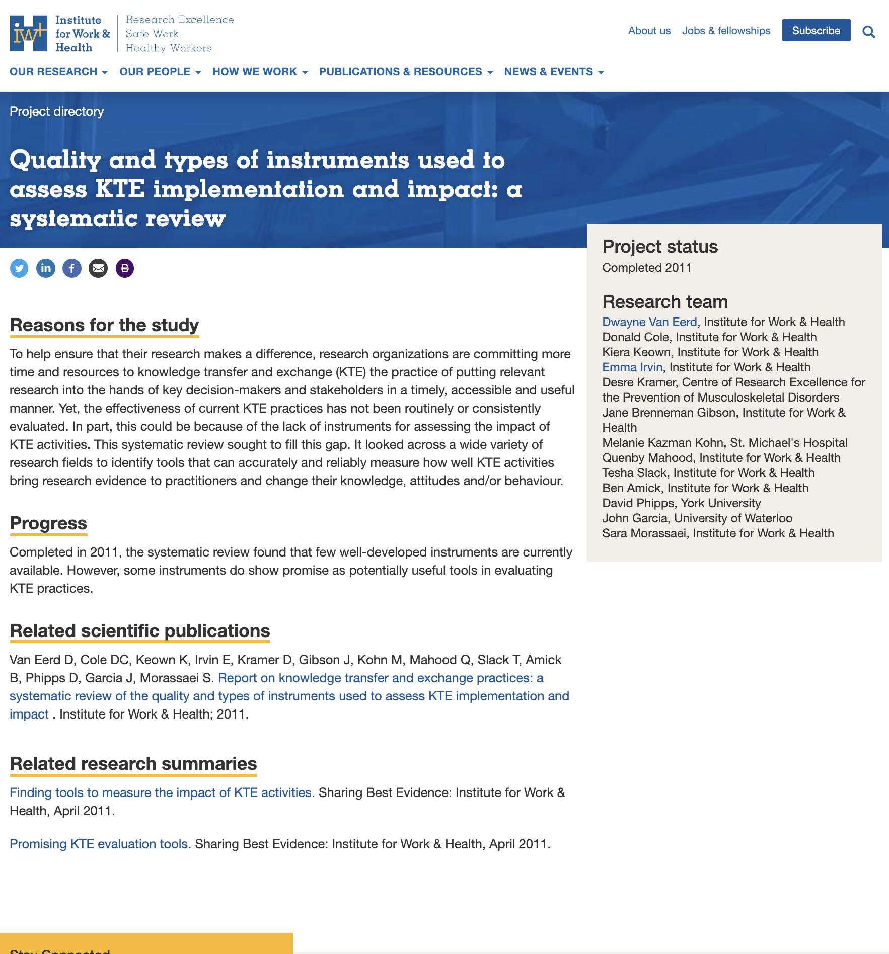 Finding Tools to Measure the Impact of Knowledge Transfer and Exchange (KTE) Activities