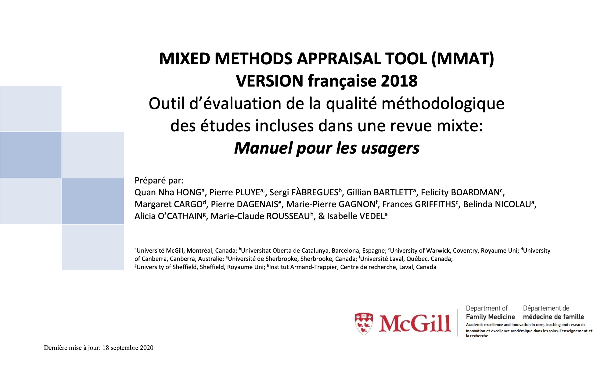 Outil d’évaluation de la qualité méthodologique des études qualitatives, quantitatives et mixtes