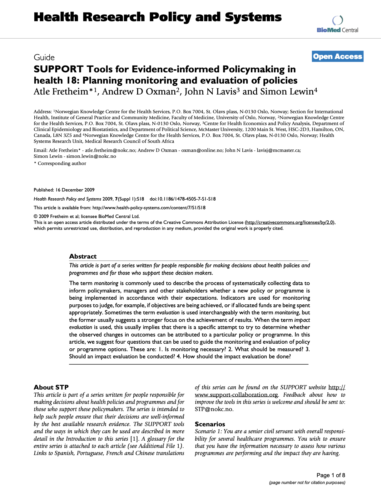 SUPPORT Tools for Evidence-Informed Policymaking in Health (STP) 18: Planning Monitoring and Evaluation of Policies