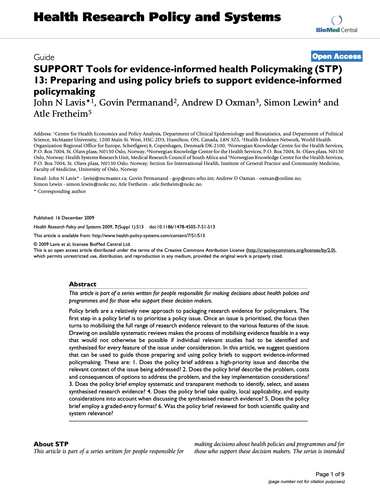 SUPPORT Tools for Evidence-Informed Health Policymaking (STP) 13: Preparing and Using Policy Briefs to Support Evidence-Informed Policymaking