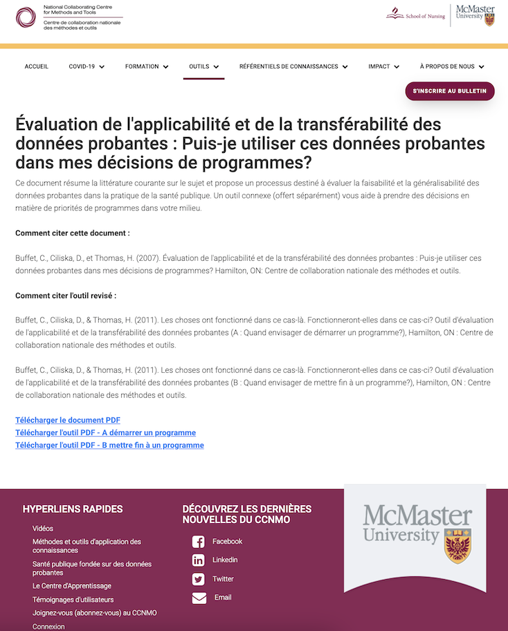 Outil d'évaluation de l'applicabilité et de la transférabilité des données probantes (A&T Tool)