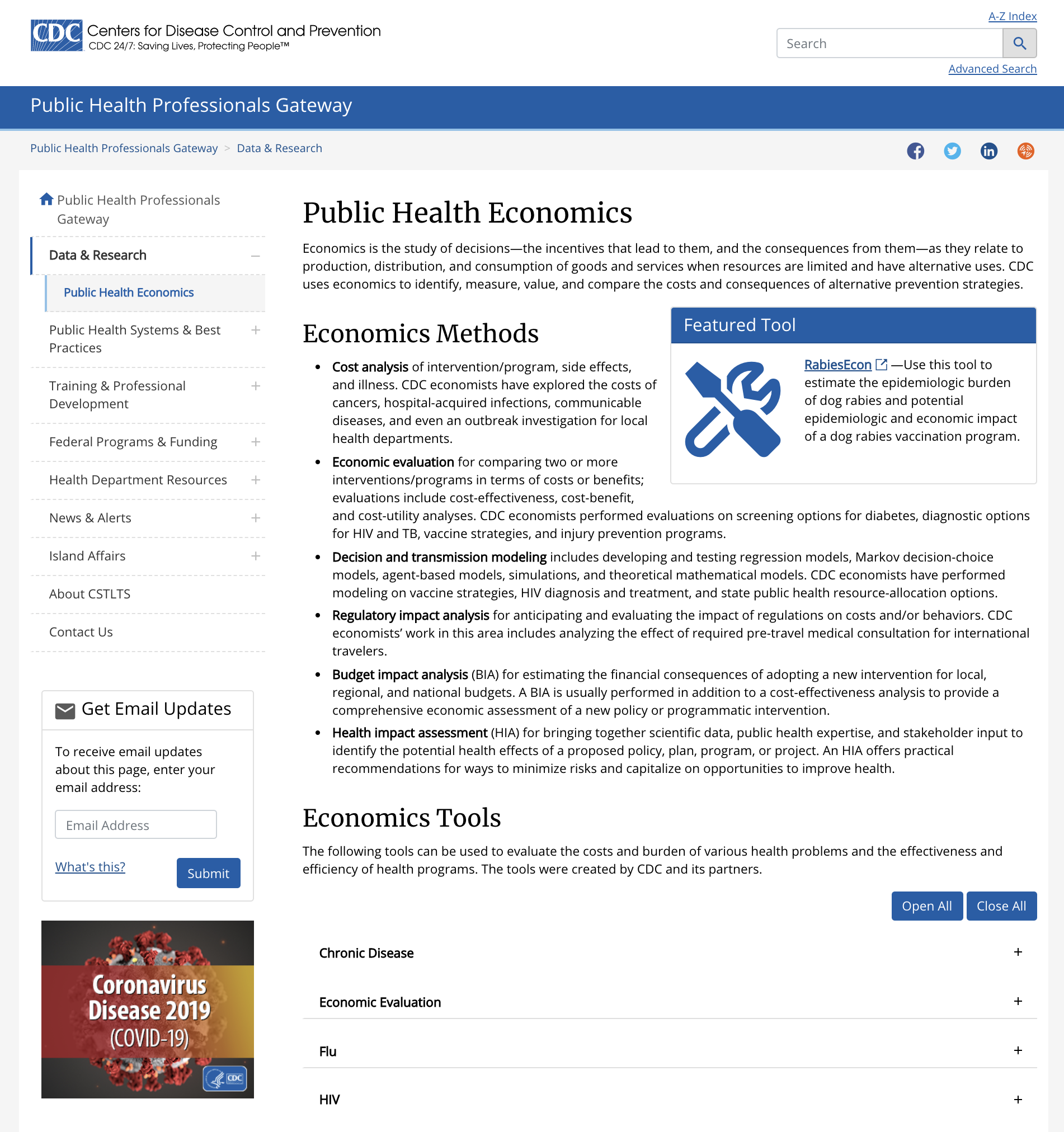 Public Health Economics Methods and Tools