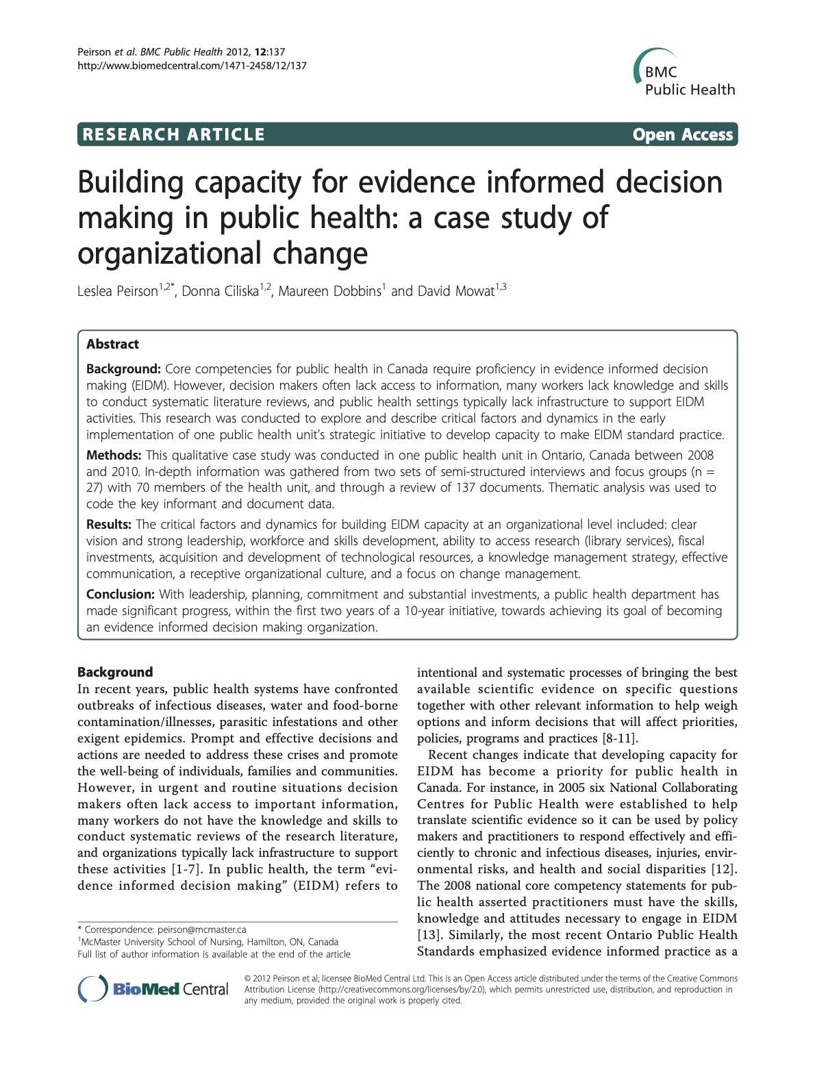 Building Capacity for Evidence Informed Decision Making in Public Health: A Case Study of Organizational Change