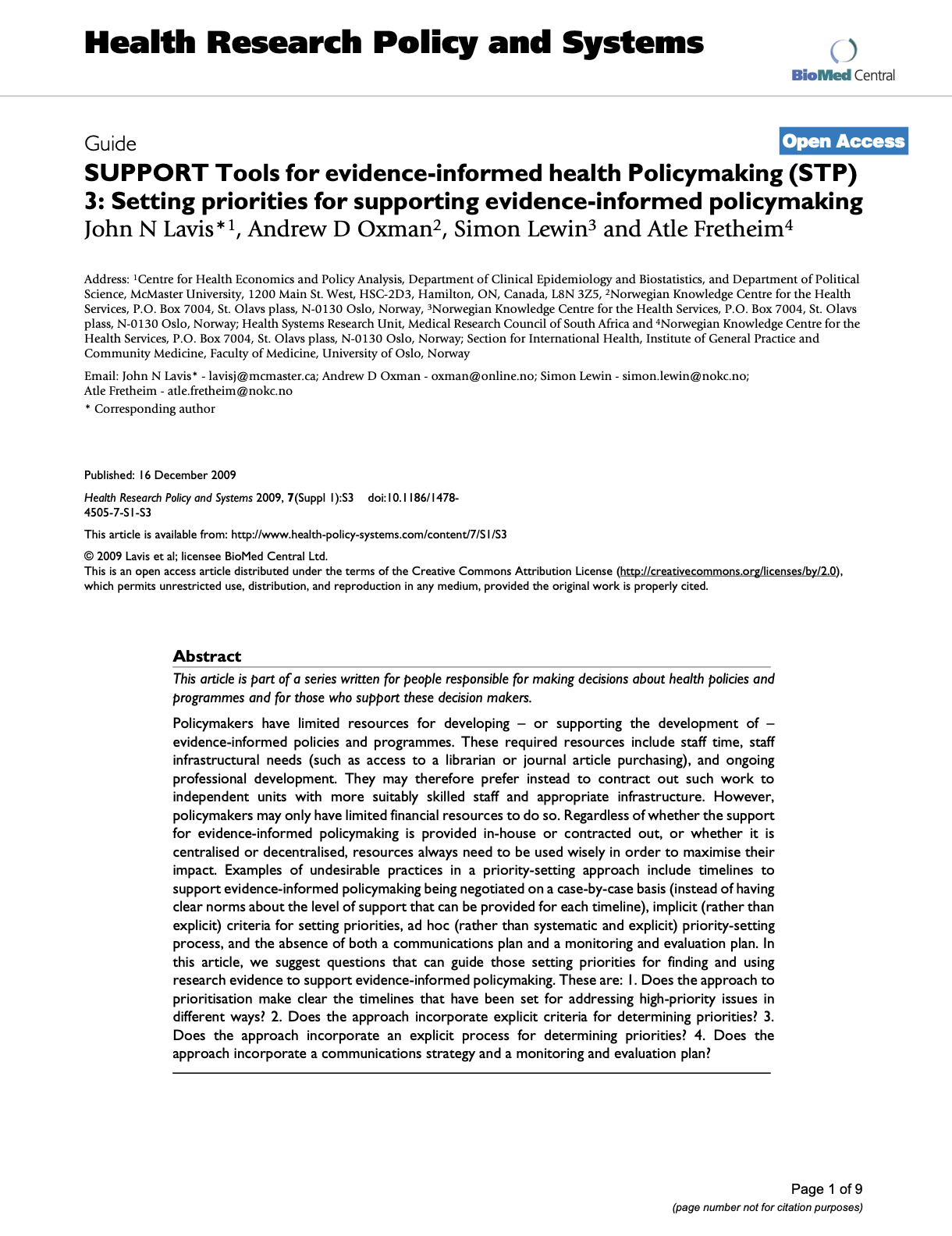 SUPPORT Tools for Evidence-Informed Health Policymaking (STP) 3: Setting Priorities for Supporting Evidence-informed Policymaking