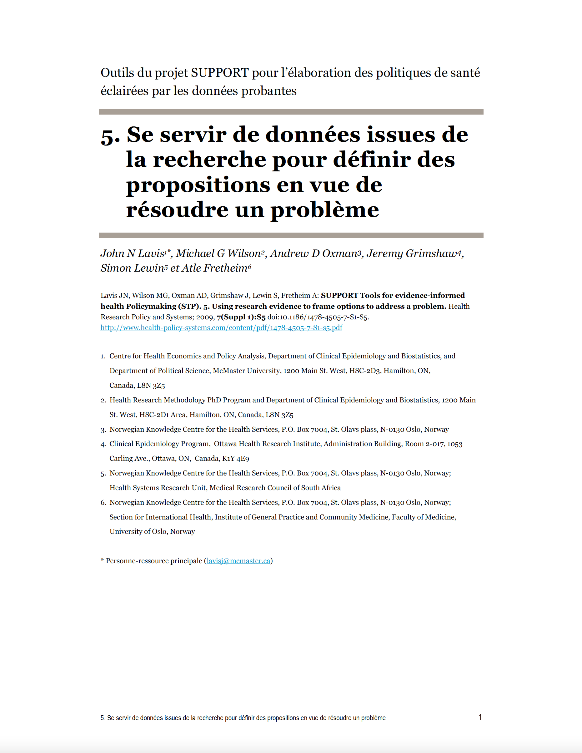 Outils du projet SUPPORT pour l’élaboration des politiques de santé éclairées par les données probantes (STP) 5 : Se servir de données issues de la recherche pour définir des propositions en vue de résoudre un problème